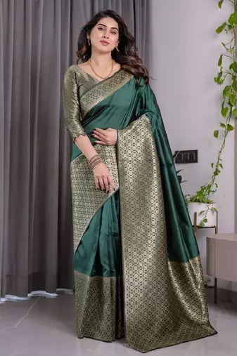 green soft art silk banarasi jacuard work designer party wear saree with unstitched blouse piece