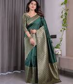 green soft art silk banarasi jacuard work designer party wear saree with unstitched blouse piece