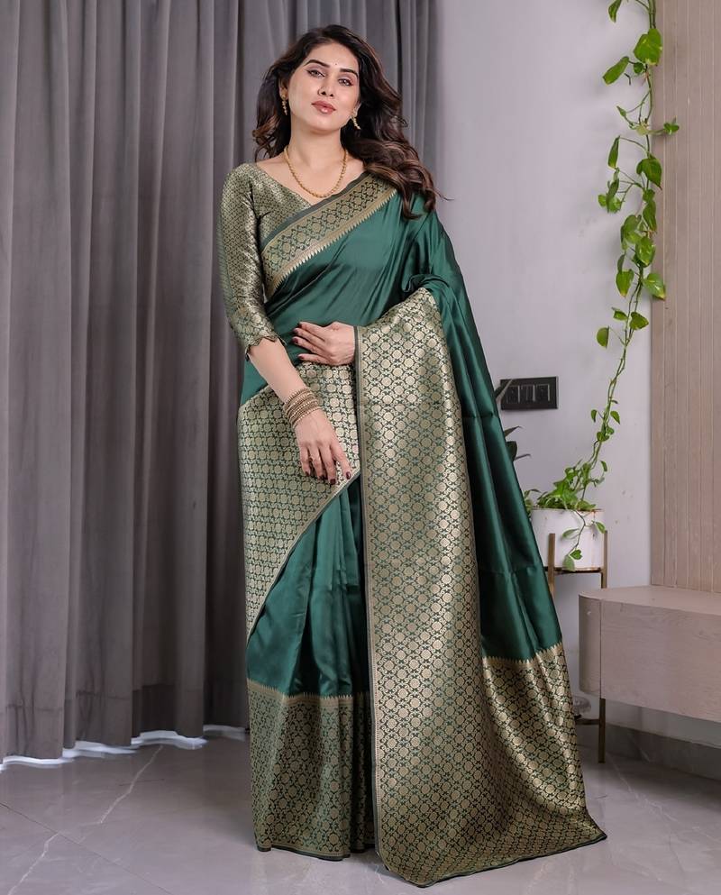 green soft art silk banarasi jacuard work designer party wear saree with unstitched blouse piece