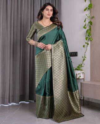 green silk blend banarasi saree with unstitched blouse piece 2