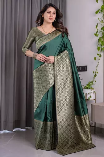 green silk blend banarasi saree with unstitched blouse piece