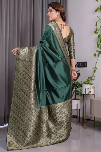 green silk blend banarasi saree with unstitched blouse piece