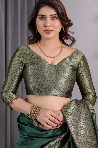 green silk blend banarasi saree with unstitched blouse piece