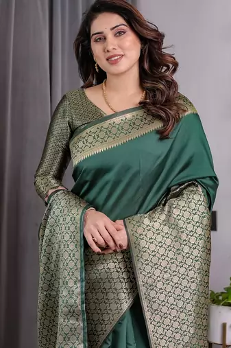 green silk blend banarasi saree with unstitched blouse piece