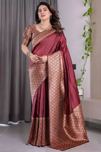 maroon soft art silk banarasi jacuard work designer party wear saree with unstitched blouse piece