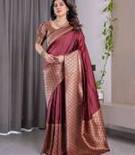maroon soft art silk banarasi jacuard work designer party wear saree with unstitched blouse piece