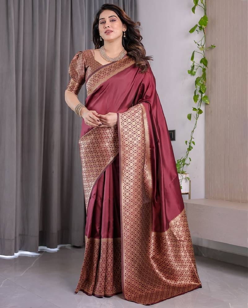 maroon soft art silk banarasi jacuard work designer party wear saree with unstitched blouse piece
