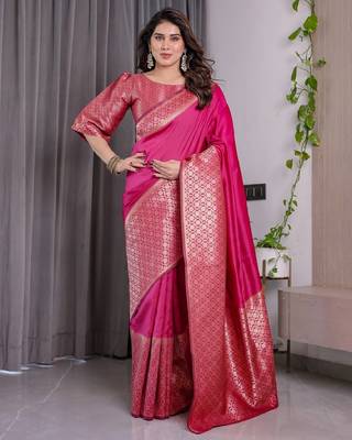 pink silk blend banarasi saree with unstitched blouse piece 1