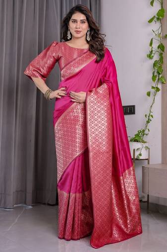 pink soft art silk banarasi jacuard work designer party wear saree with unstitched blouse piece