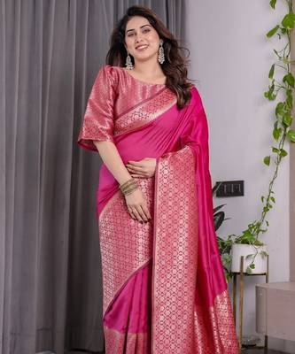 pink silk blend banarasi saree with unstitched blouse piece 2