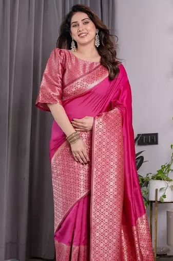 pink silk blend banarasi saree with unstitched blouse piece