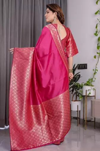 pink silk blend banarasi saree with unstitched blouse piece