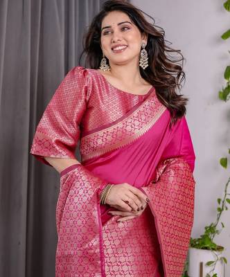 pink silk blend banarasi saree with unstitched blouse piece 4