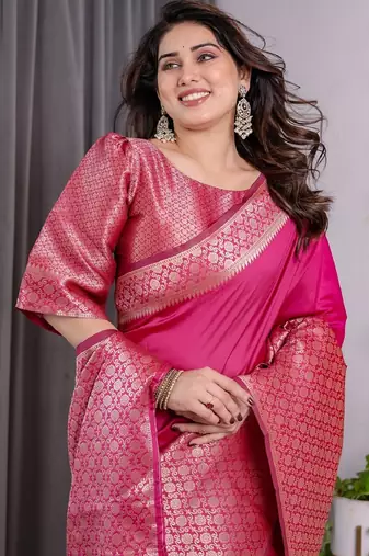 pink silk blend banarasi saree with unstitched blouse piece