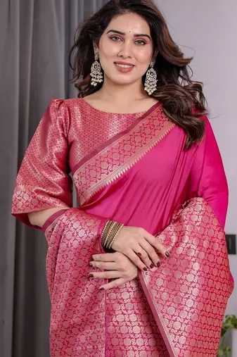 pink silk blend banarasi saree with unstitched blouse piece