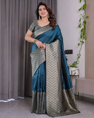 turquoise silk blend banarasi saree with unstitched blouse piece 1