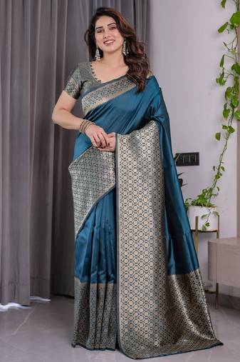 turquoise soft art silk banarasi jacuard work designer party wear saree with unstitched blouse piece