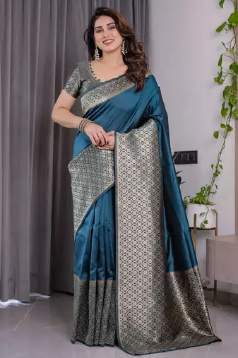 turquoise soft art silk banarasi jacuard work designer party wear saree with unstitched blouse piece