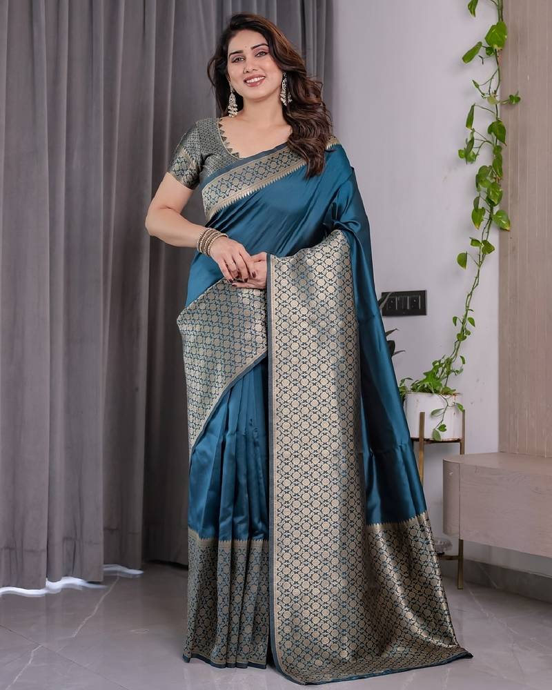 turquoise soft art silk banarasi jacuard work designer party wear saree with unstitched blouse piece