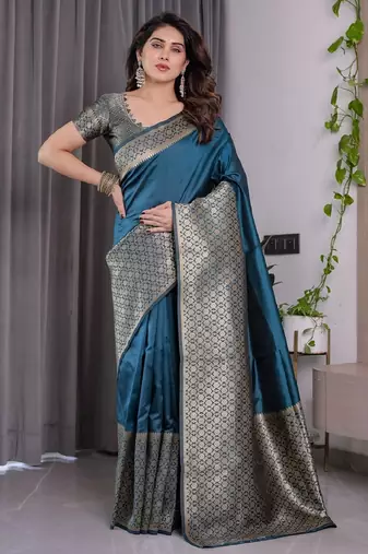 turquoise silk blend banarasi saree with unstitched blouse piece