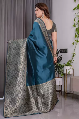 turquoise silk blend banarasi saree with unstitched blouse piece