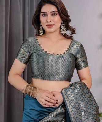 turquoise silk blend banarasi saree with unstitched blouse piece 4