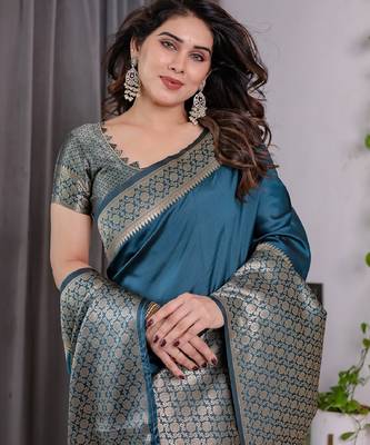 turquoise silk blend banarasi saree with unstitched blouse piece 5