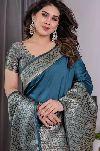 turquoise silk blend banarasi saree with unstitched blouse piece