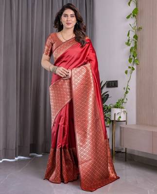 red silk blend banarasi saree with unstitched blouse piece 2