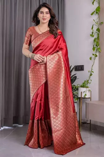 red soft art silk banarasi jacuard work designer party wear saree with unstitched blouse piece
