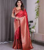 red soft art silk banarasi jacuard work designer party wear saree with unstitched blouse piece