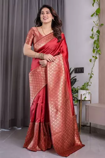 red silk blend banarasi saree with unstitched blouse piece