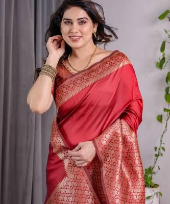 red silk blend banarasi saree with unstitched blouse piece 1