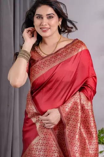 red soft art silk banarasi jacuard work designer party wear saree with unstitched blouse piece