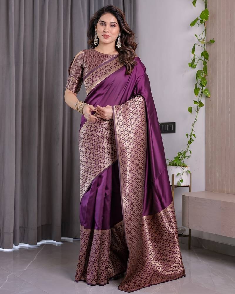wine soft art silk banarasi jacuard work designer party wear saree with unstitched blouse piece