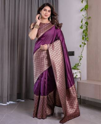 wine silk blend banarasi saree with unstitched blouse piece 3