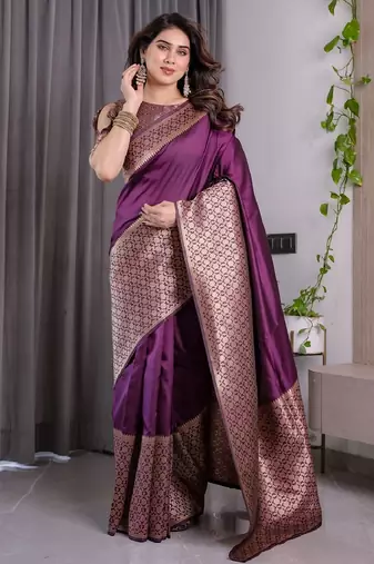 wine silk blend banarasi saree with unstitched blouse piece