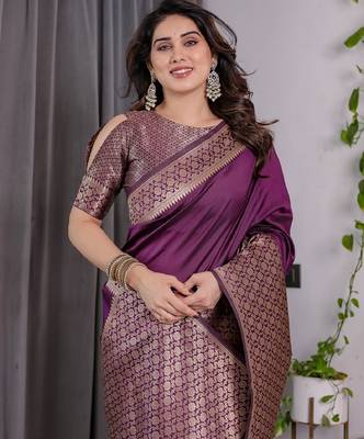 wine silk blend banarasi saree with unstitched blouse piece 1