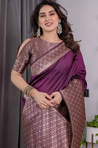 wine soft art silk banarasi jacuard work designer party wear saree with unstitched blouse piece