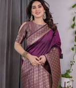 wine soft art silk blend banarasi jacuard work designer party wear saree with unstitched blouse piece
