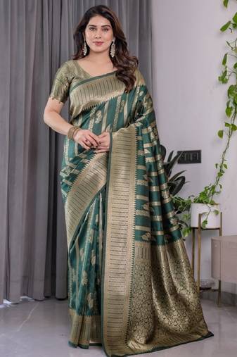 green soft art silk banarasi jacuard work designer party wear saree with unstitched blouse piece