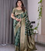 green soft art silk banarasi jacuard work designer party wear saree with unstitched blouse piece