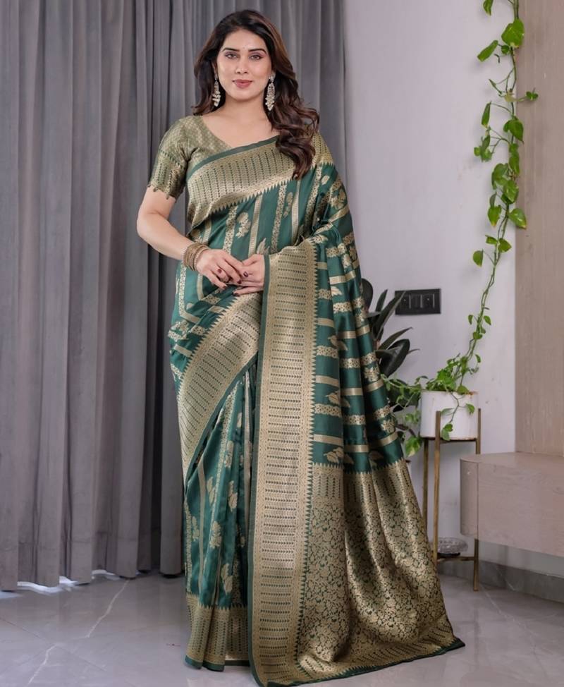 green soft art silk banarasi jacuard work designer party wear saree with unstitched blouse piece