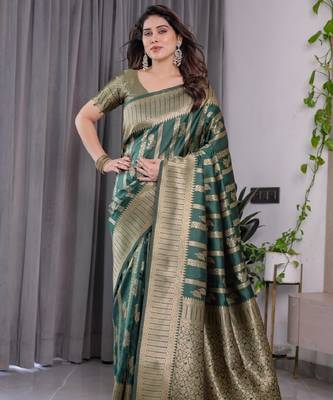 green silk blend banarasi saree with unstitched blouse piece 2