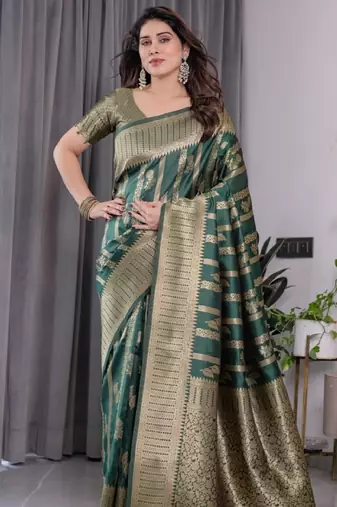green silk blend banarasi saree with unstitched blouse piece