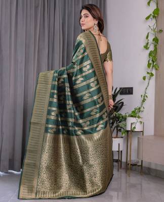 green silk blend banarasi saree with unstitched blouse piece 3