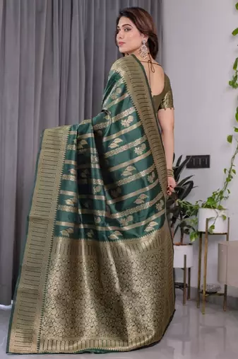 green silk blend banarasi saree with unstitched blouse piece