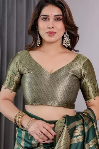 green silk blend banarasi saree with unstitched blouse piece