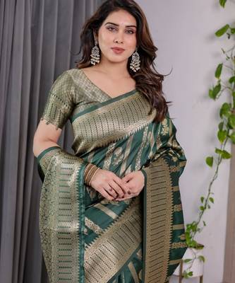 green silk blend banarasi saree with unstitched blouse piece 5