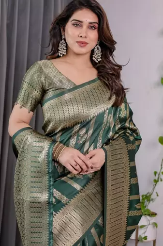 green silk blend banarasi saree with unstitched blouse piece